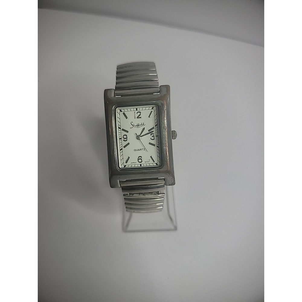 Vintage Sheffield Wristwatch Watch Silver Tone Elastic‎ Metal Band Womens